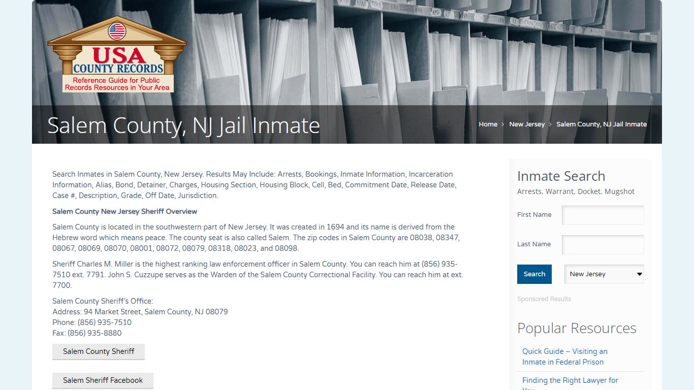 Salem County, NJ Jail Inmate | Name Search